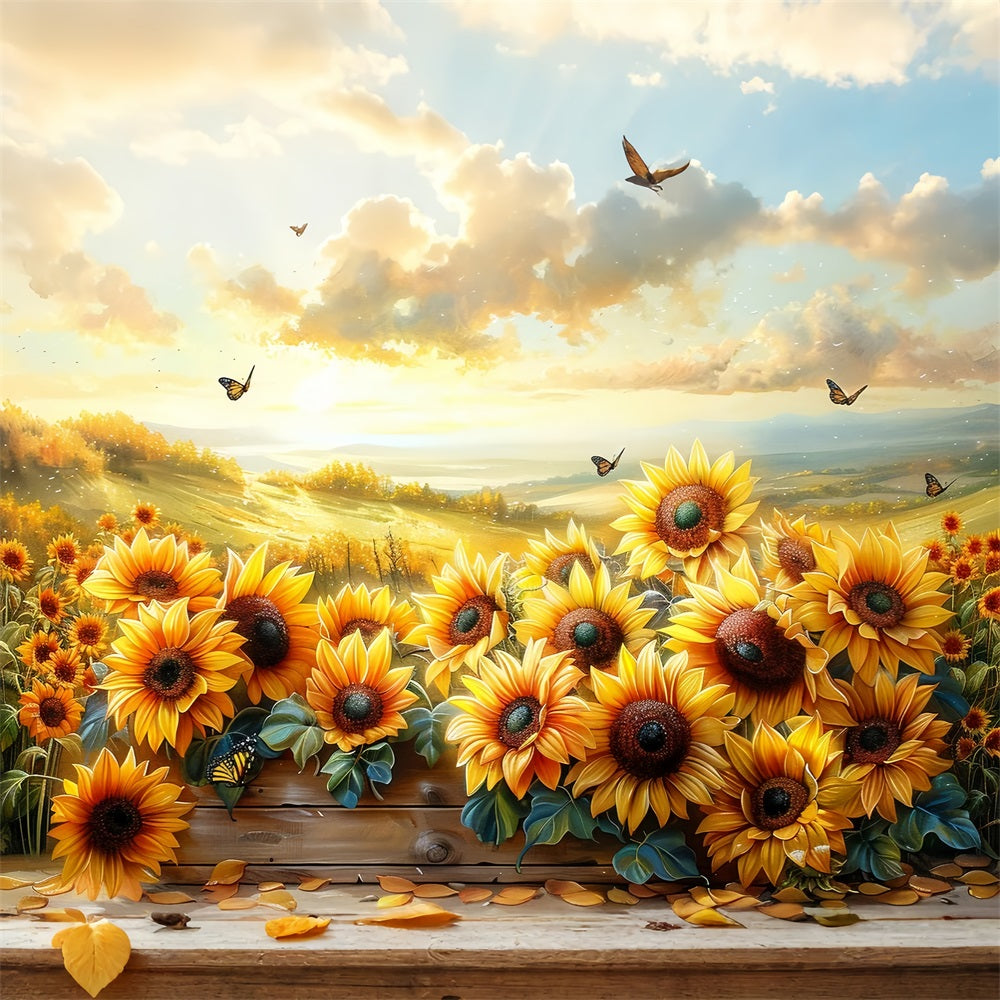 Girasoli Dorati Farfalle Galleggianti Sfondo Del Cielo Al Tramonto BRP9-183