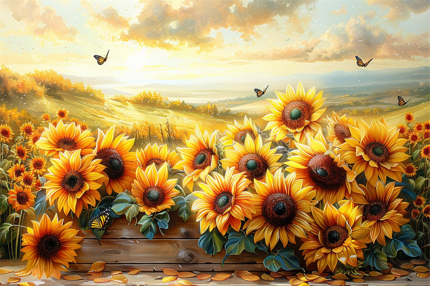 Girasoli Dorati Farfalle Galleggianti Sfondo Del Cielo Al Tramonto BRP9-183