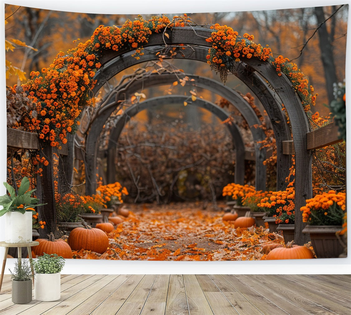 Sfondo Autunnale Con Foglie Cadenti Di Zucche Floreali Ad Arco BRP9-188
