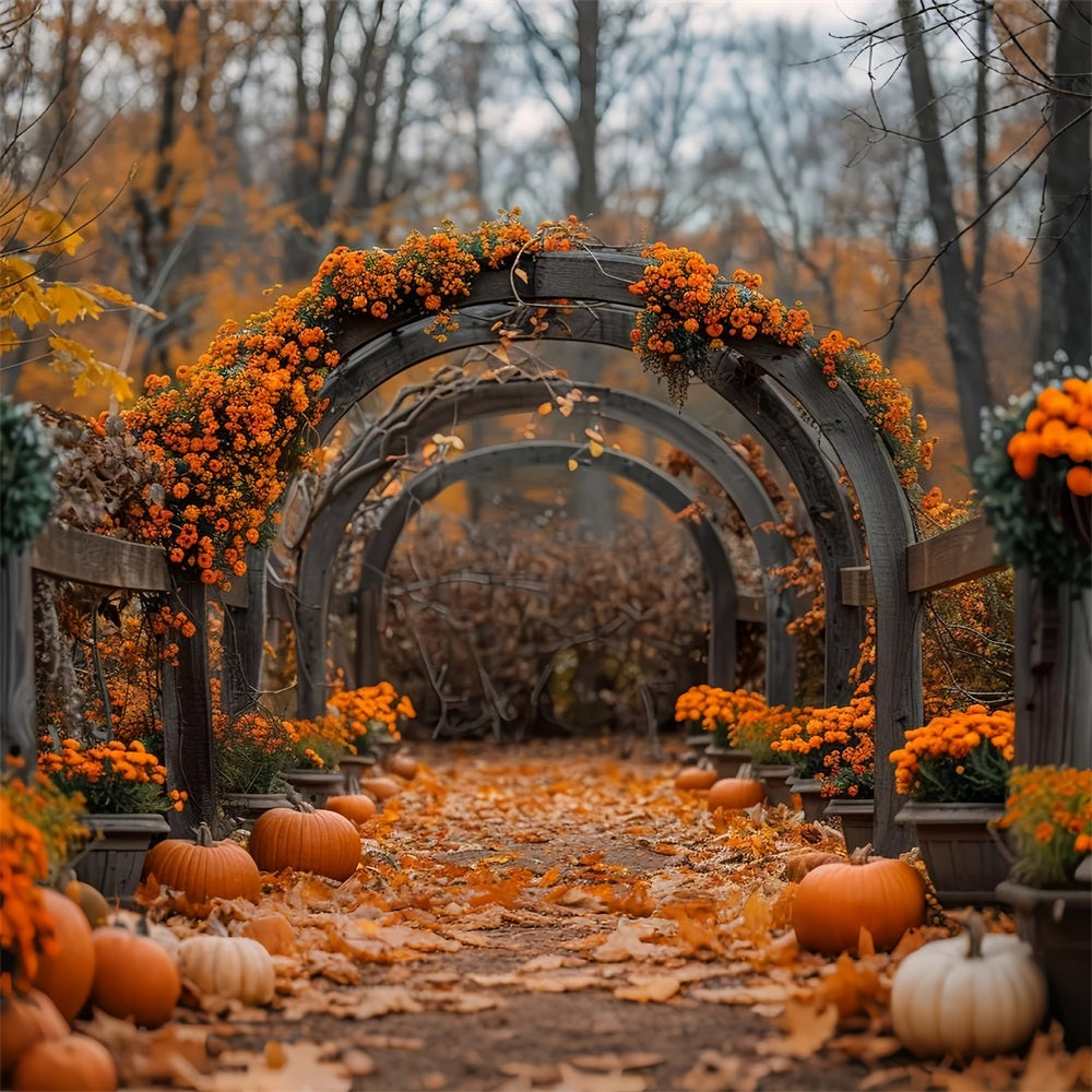 Sfondo Autunnale Con Foglie Cadenti Di Zucche Floreali Ad Arco BRP9-188