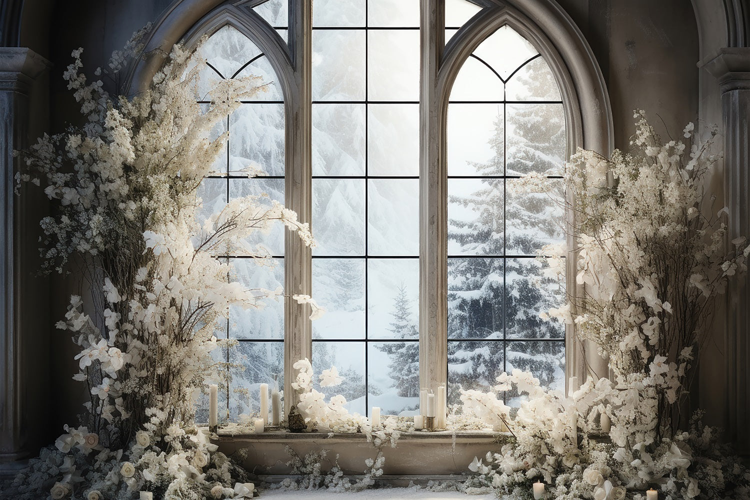 Finestra Invernale Con Alberi Di Pino Innevati Sullo Sfondo BRP9-234