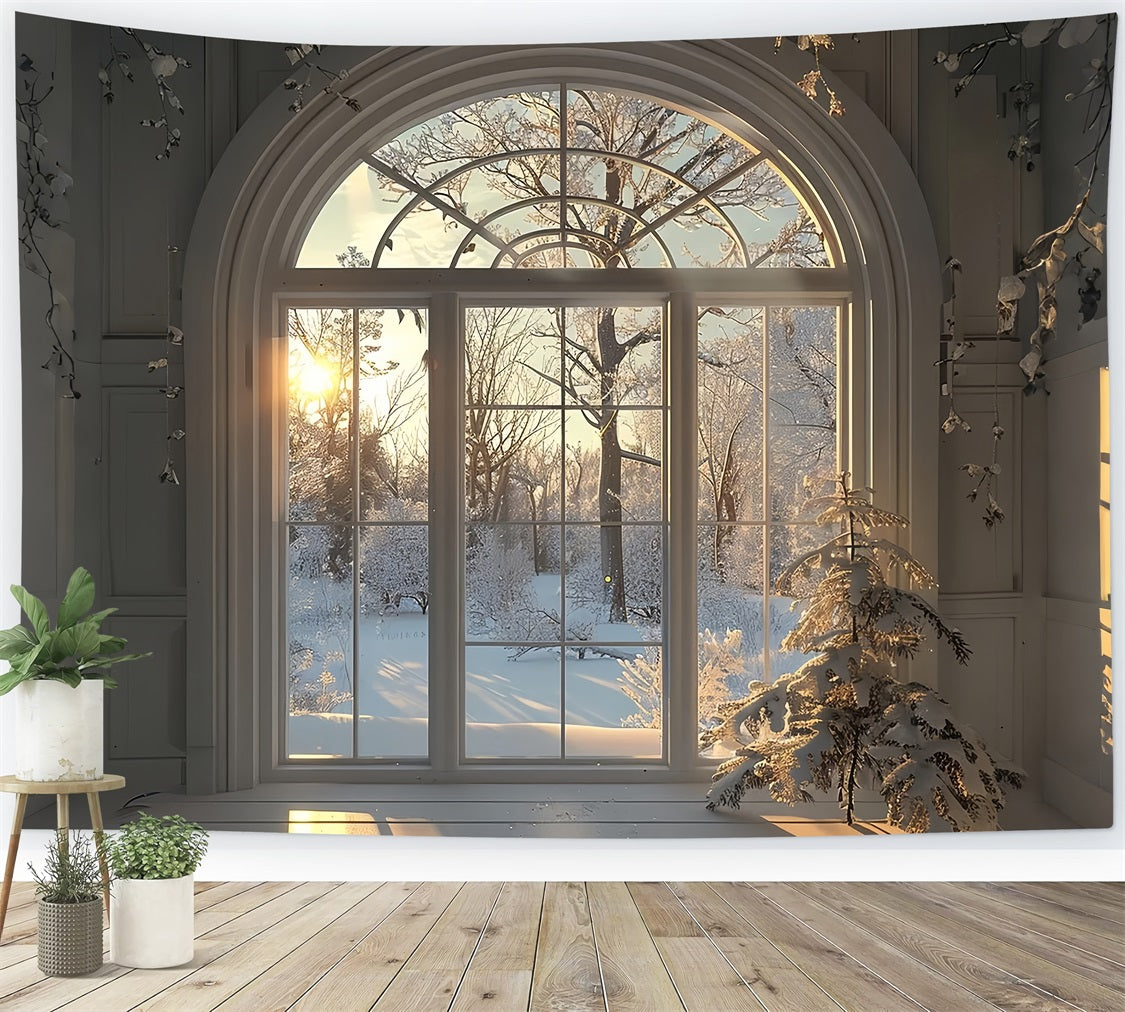 Sfondo Della Scena Della Finestra Dell'Alba Degli Alberi Di Neve Invernale BRP9-236