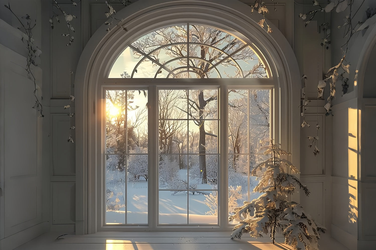 Sfondo Della Scena Della Finestra Dell'Alba Degli Alberi Di Neve Invernale BRP9-236