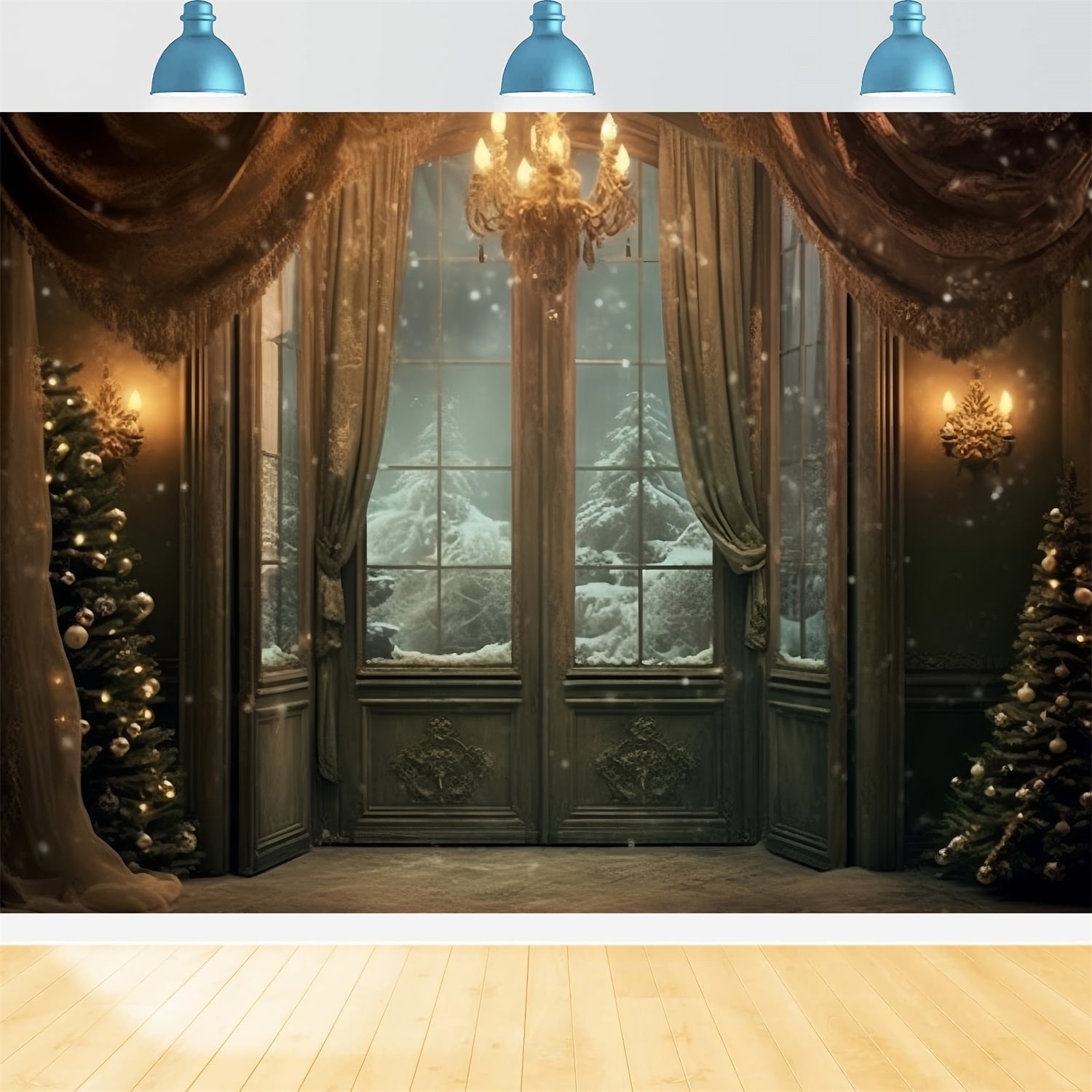 Vista Della Foresta Invernale Attraverso Lo Sfondo Decorato Delle Finestre BRP9-263