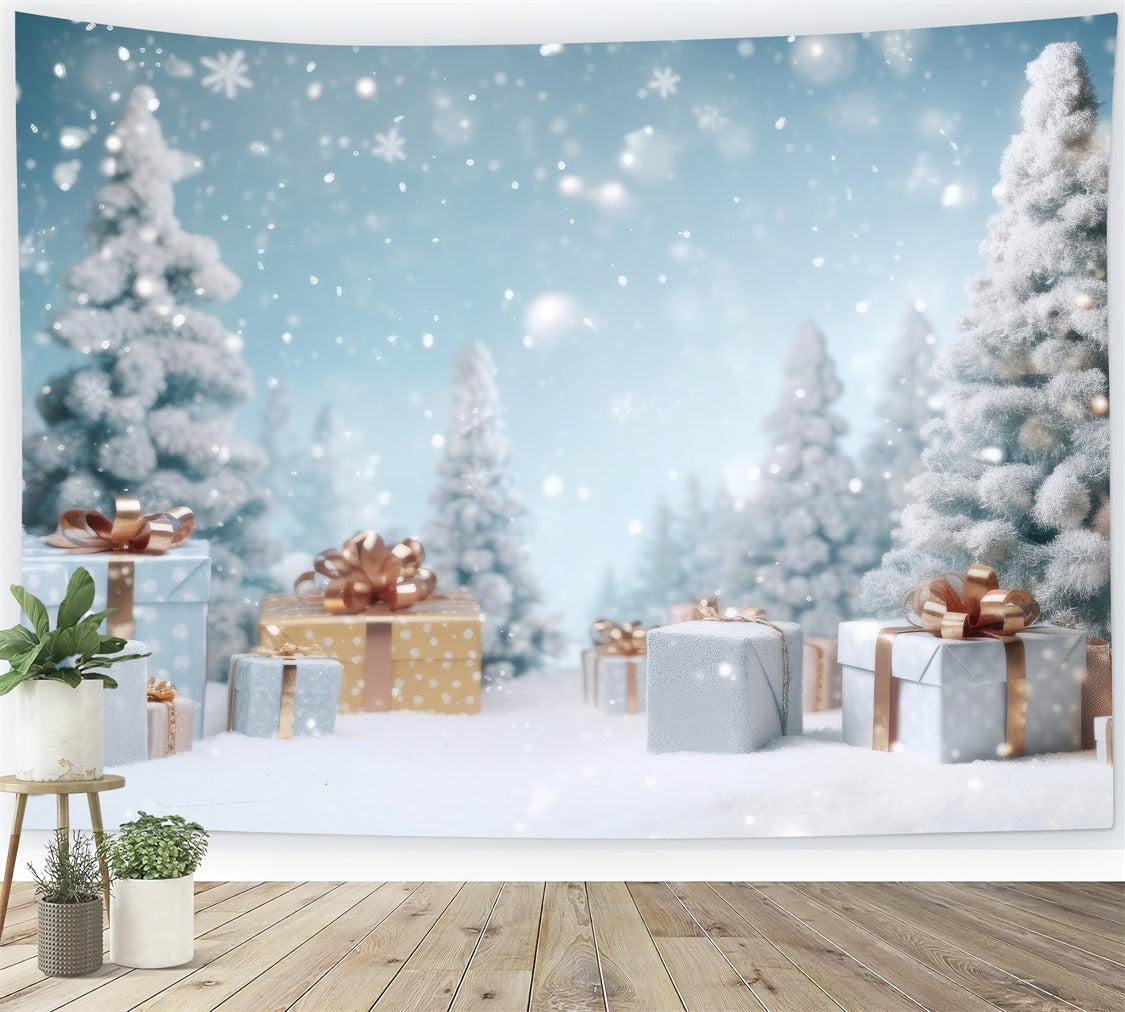 Sfondo Di Decorazioni Regalo Per Le Vacanze Con Alberi Innevati Invernali BRP9-269