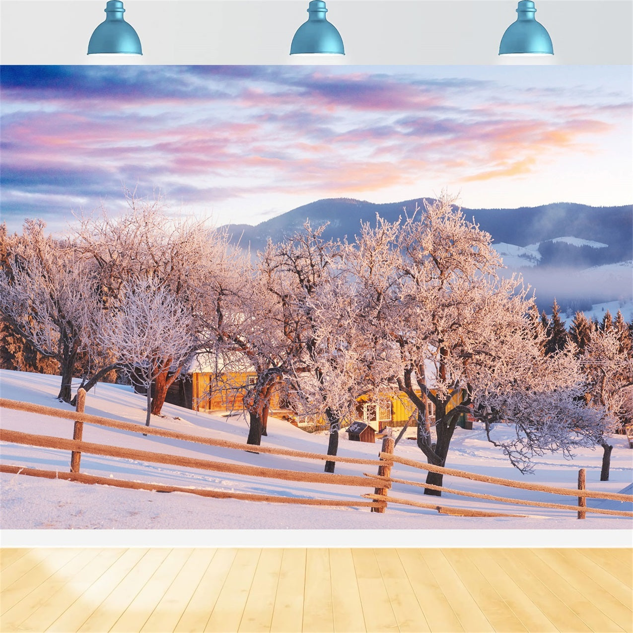 Sfondo Fotografico Con Cielo Rosa E Alberi Invernali In Fattoria BRP9-282