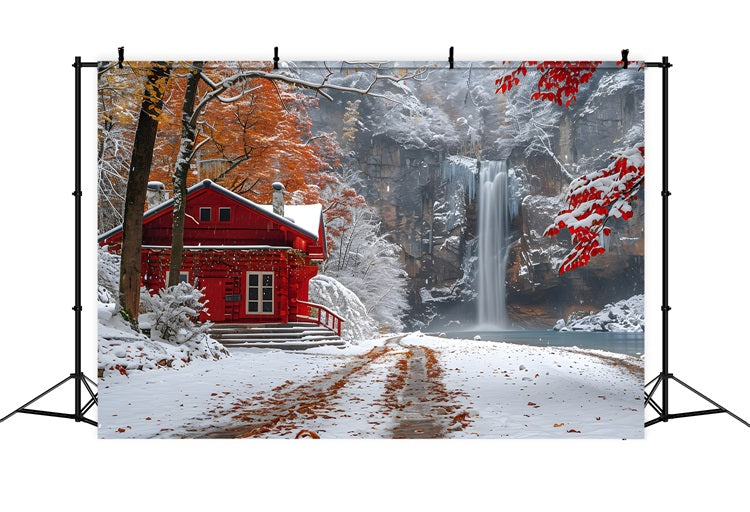 Sfondo Di Cascata Che Scorre Cabina Rossa Innevata Invernale BRP9-292