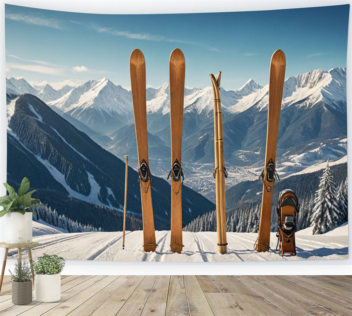 Sci In Legno Inverno Paesaggio Montano Sfondo BRP9-304