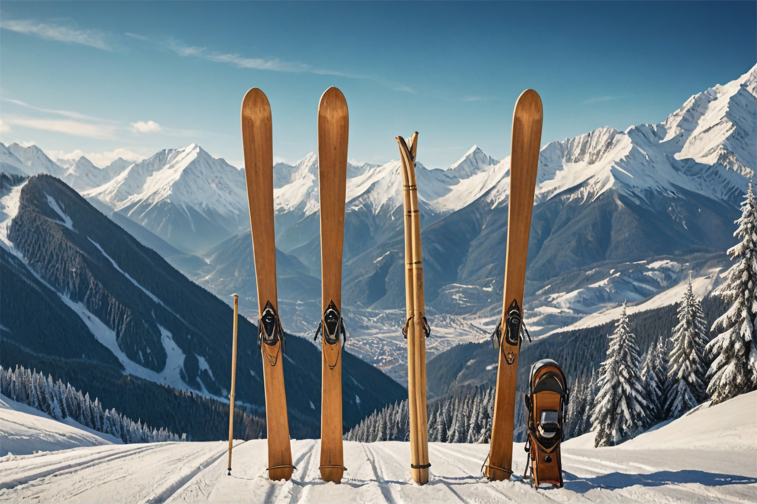 Sci In Legno Inverno Paesaggio Montano Sfondo BRP9-304