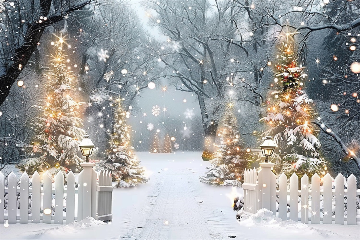 Sfondo Di Scena Notturna Della Foresta Invernale Con Alberi Luminosi BRP9-315