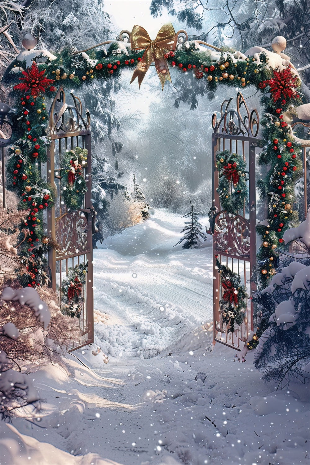 Sfondo Del Cancello Dell'Arco Decorato Con Foresta Innevata Invernale BRP9-333