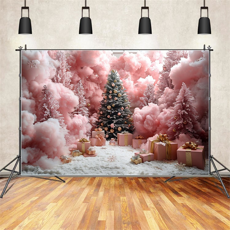 Sfondo Foresta Di Natale Rosa Con Fiocchi Di Neve E Regali BRP9-90