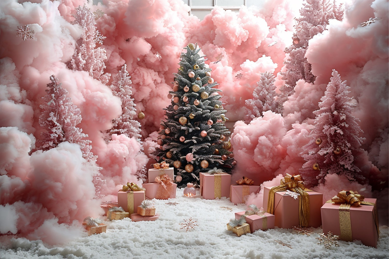Sfondo Foresta Di Natale Rosa Con Fiocchi Di Neve E Regali BRP9-90