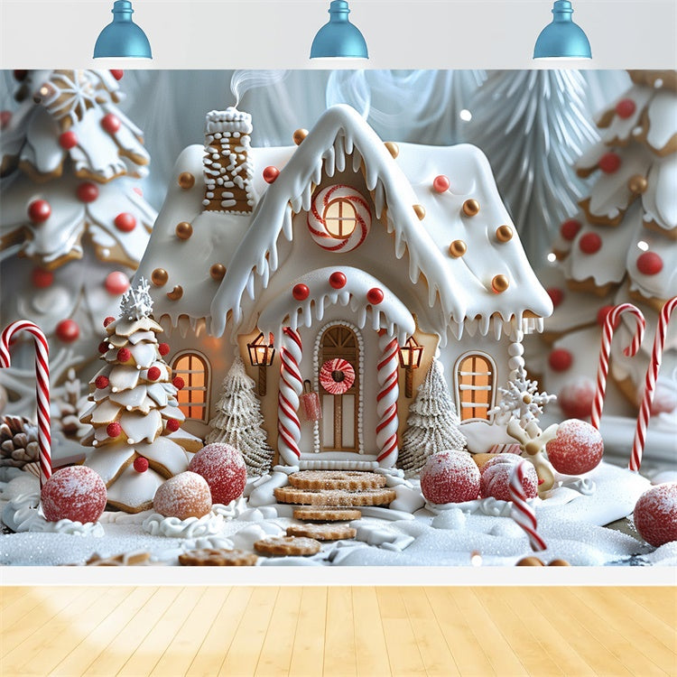Cottage Di Pan Di Zenzero Glassato Con Sfondo Di Alberi Di Natale BRP9-91