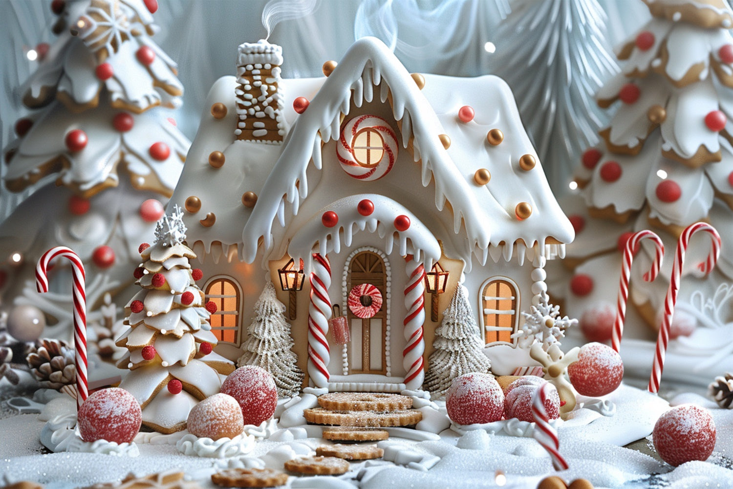 Cottage Di Pan Di Zenzero Glassato Con Sfondo Di Alberi Di Natale BRP9-91