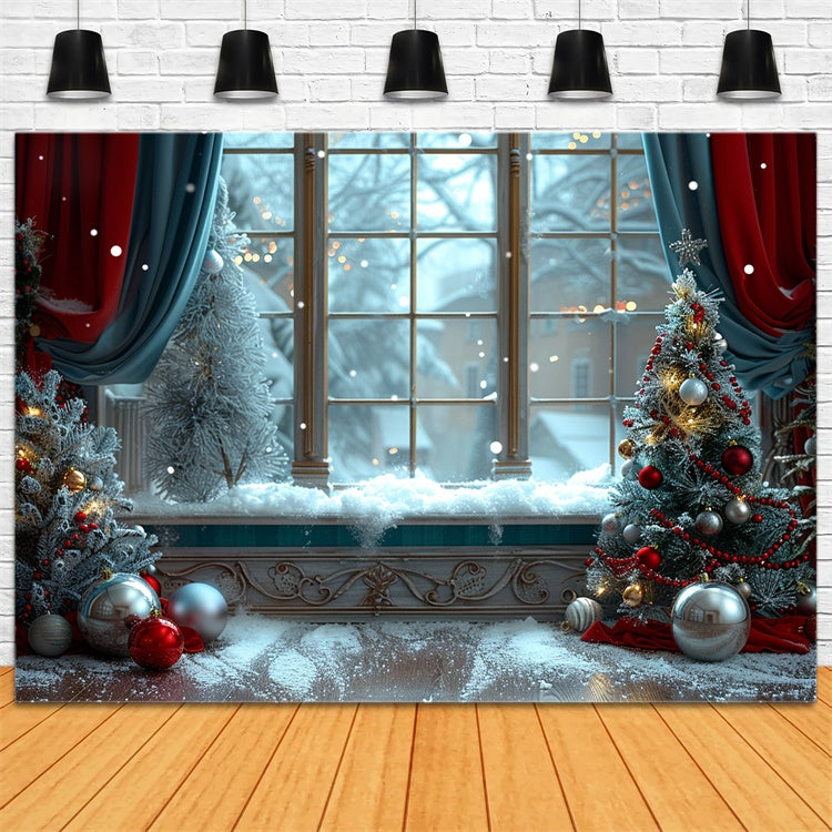 Finestra Innevata Con Sfondo Di Alberi Di Natale Decorati BRP9-92