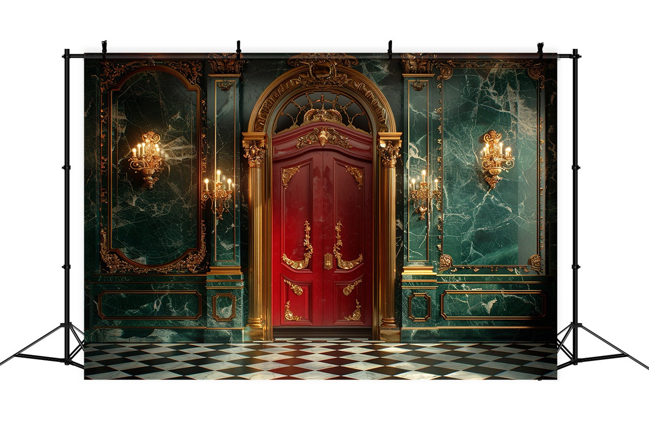 Porta Rossa Reale Di Natale Con Sfondo Di Ornamenti Dorati BRP9-95