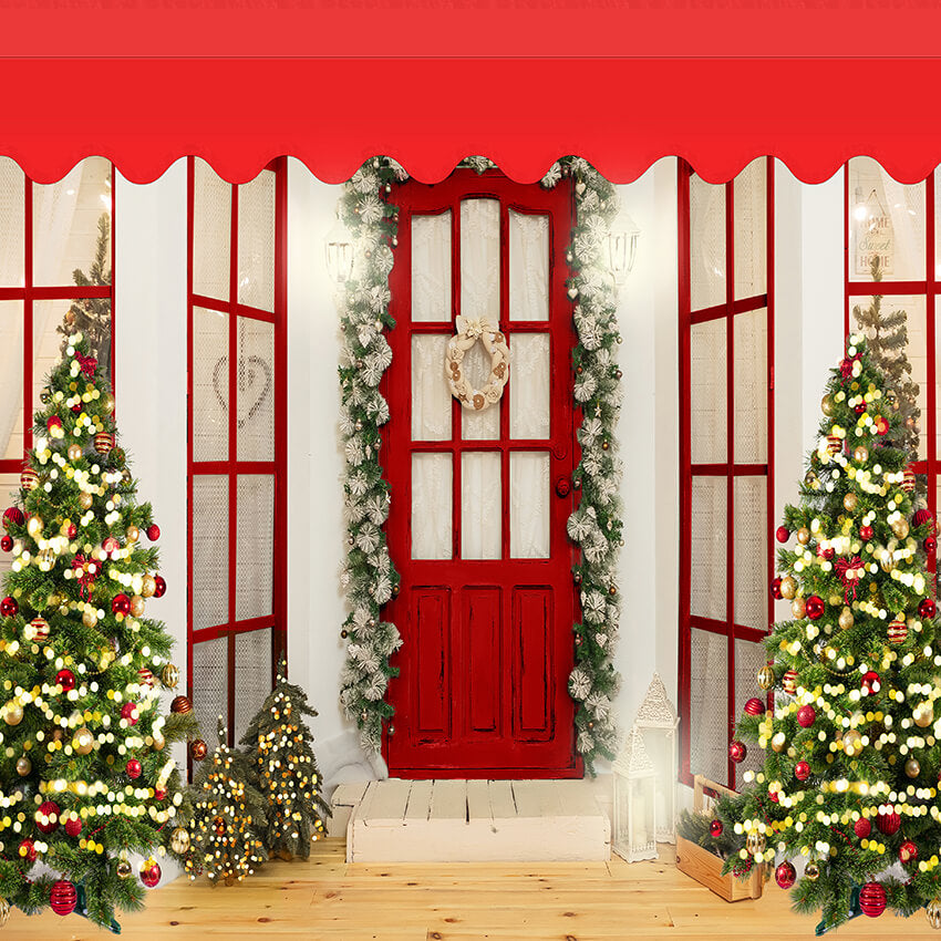 Sfondo Dell'Albero Che Scintilla Sulla Porta Del Negozio Di Natale D935