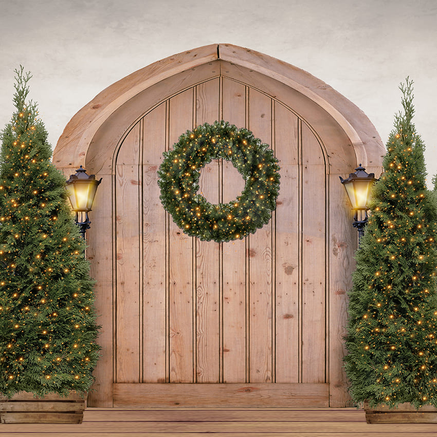 Sfondo Dell'Albero Di Natale Con Porta Vintage D969