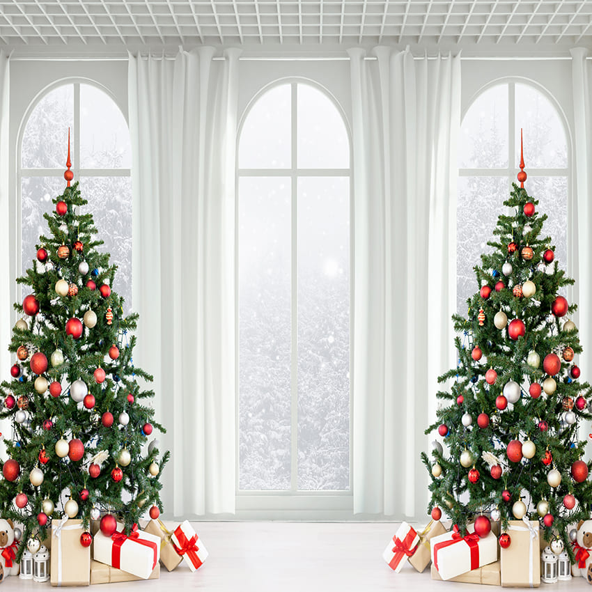 Sfondo Di Neve Per Finestra Con Scatola Regalo Per Albero Di Natale D976