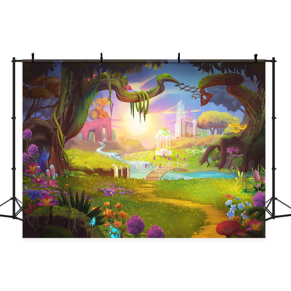 Fondale Fotografico Per Bambini Con Castello Nella Foresta Dei Cartoni Animati DBD-19335