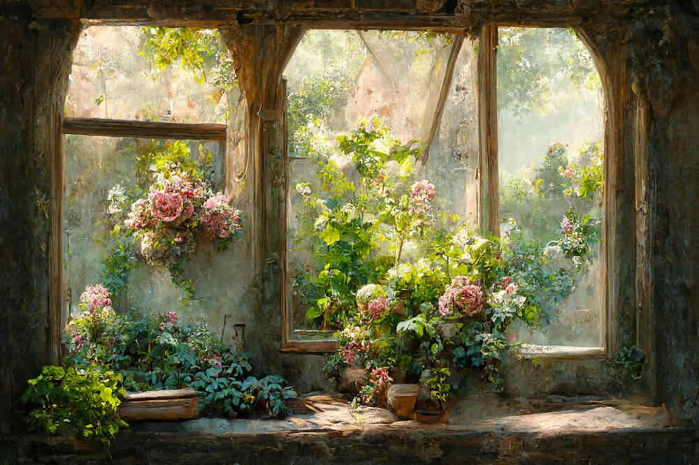 Pittura A Olio Giardino Fiore Porta Arte Sfondo M-31