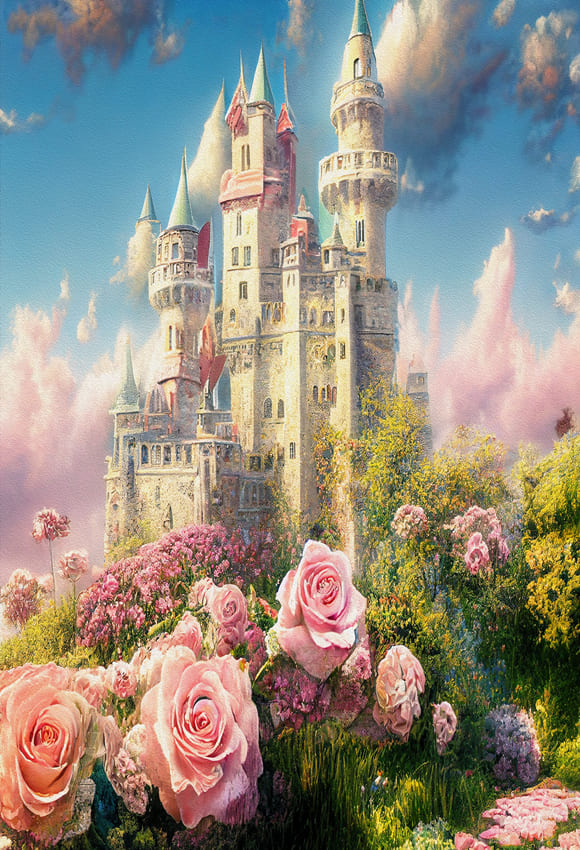 Fantasy Garden Castle Fiori Nuvole Sfondo M-39