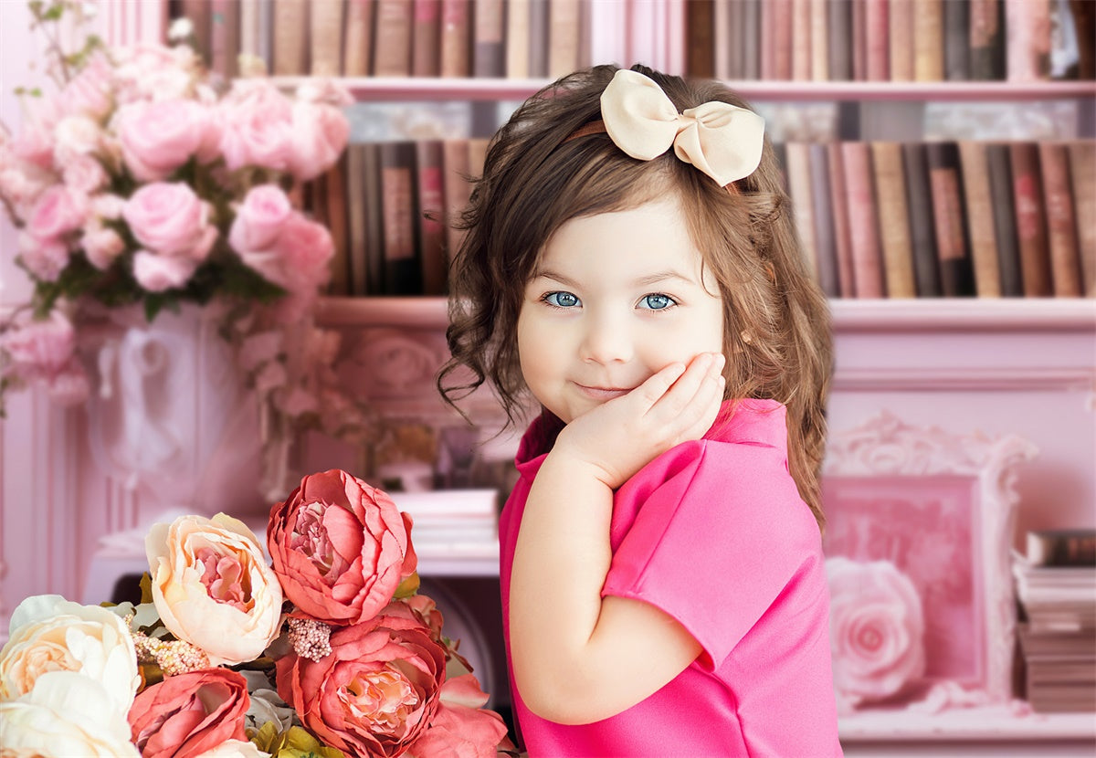 Sfondo Della Libreria Mobile Con Carrello Di Fiori Rosa M1-06