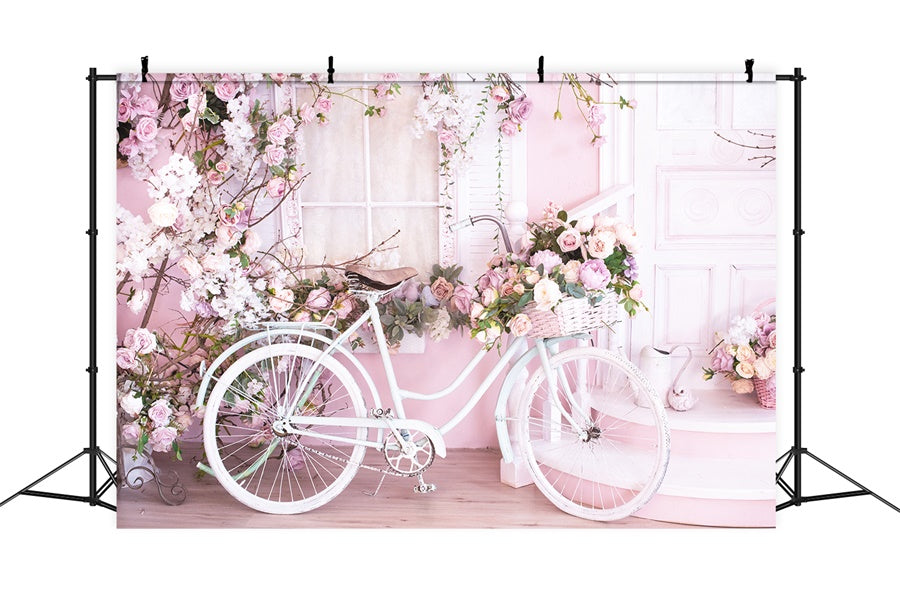 Muro Rosa Pieno Di Fiori Sfondo Di Bicicletta Bianca M1-08