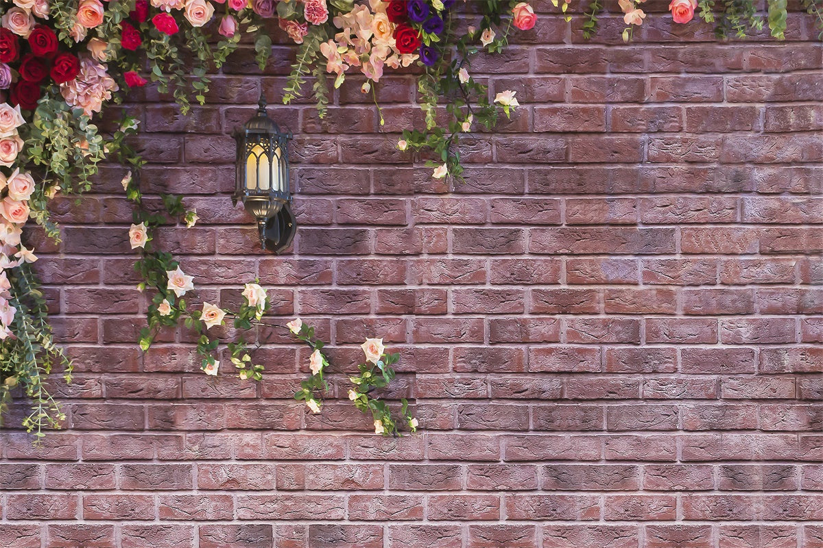 Sfondo Di Lampione Stradale Con Fiori Di Muro Di Mattoni Vintage Primaverile M1-20