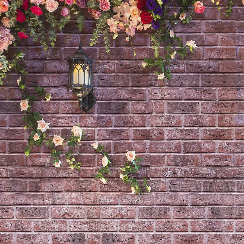 Sfondo Di Lampione Stradale Con Fiori Di Muro Di Mattoni Vintage Primaverile M1-20