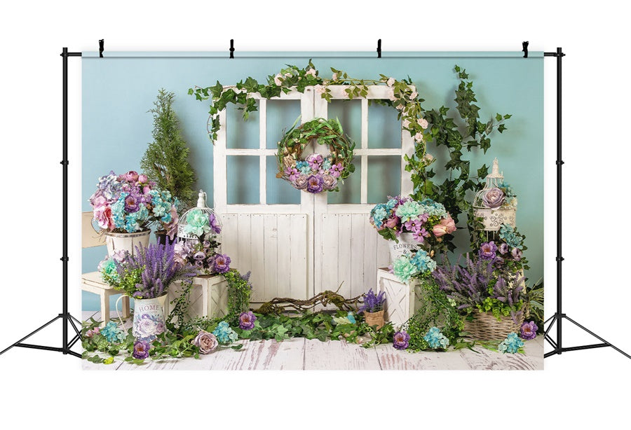 Ghirlanda Di Fiori Primaverili Porta In Legno Sfondo Fresco M1-21