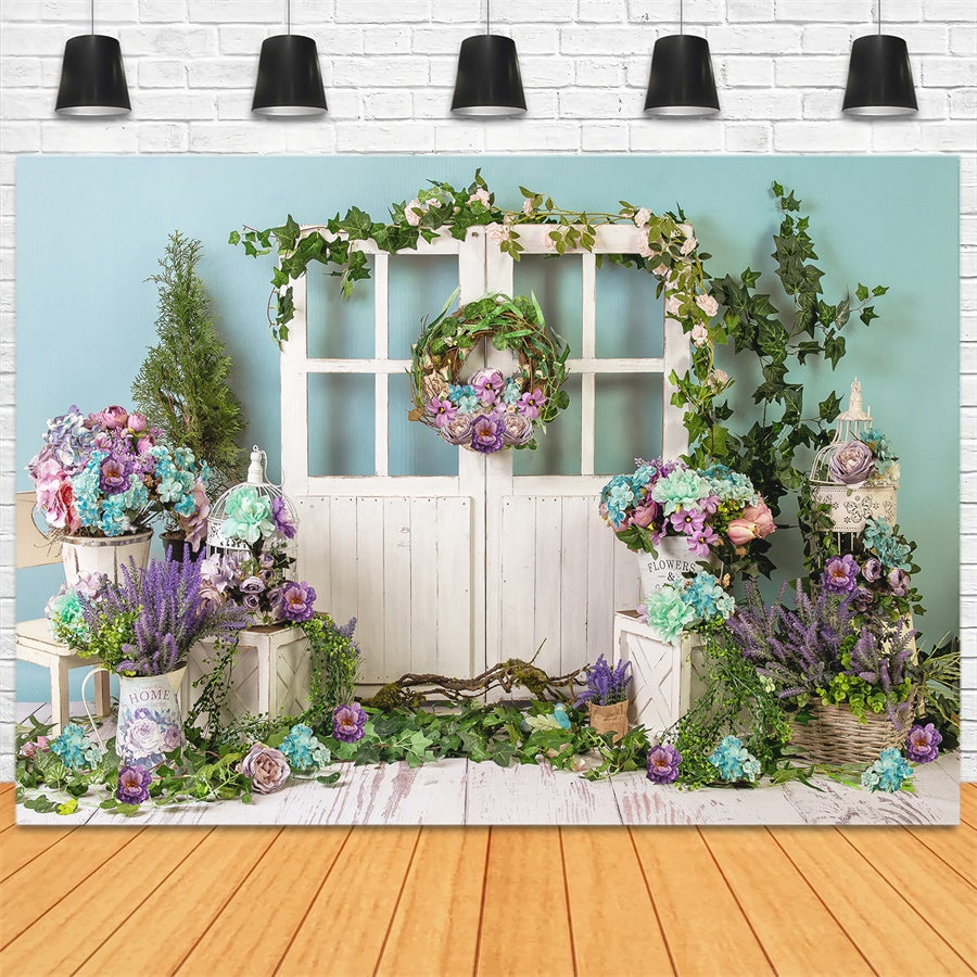 Ghirlanda Di Fiori Primaverili Porta In Legno Sfondo Fresco M1-21