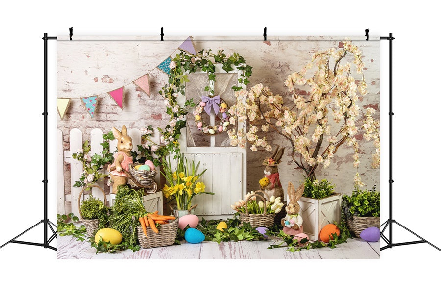 Sfondo Di Porta In Legno Con Ghirlanda Floreale Elegante Di Pasqua M1-23
