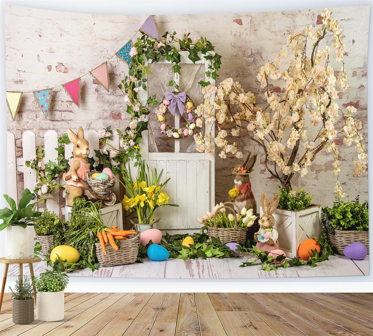Sfondo Di Porta In Legno Con Ghirlanda Floreale Elegante Di Pasqua M1-23