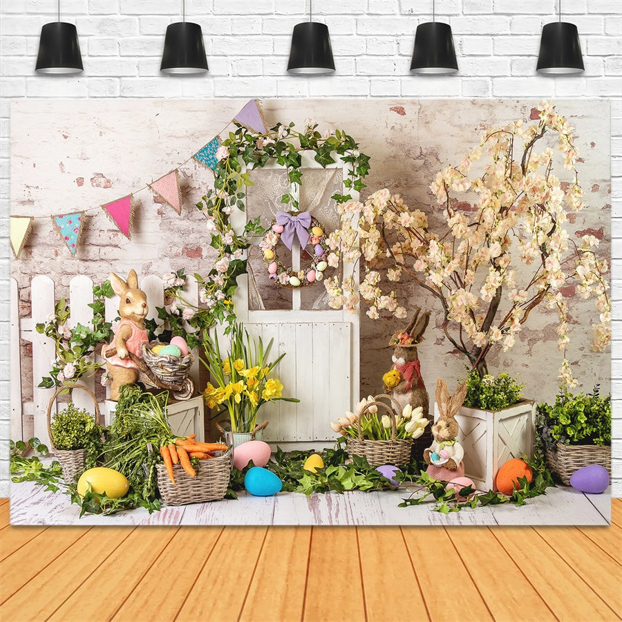 Sfondo Di Porta In Legno Con Ghirlanda Floreale Elegante Di Pasqua M1-23