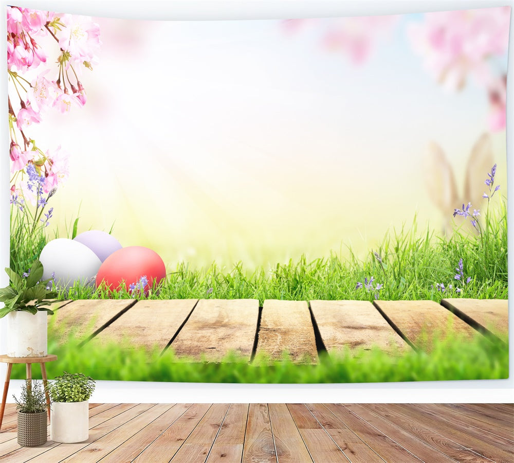 Sfondo Della Passerella Sul Prato Con Fiori Di Ciliegio Al Sole Dell'Uovo Di Pasqua M1-34
