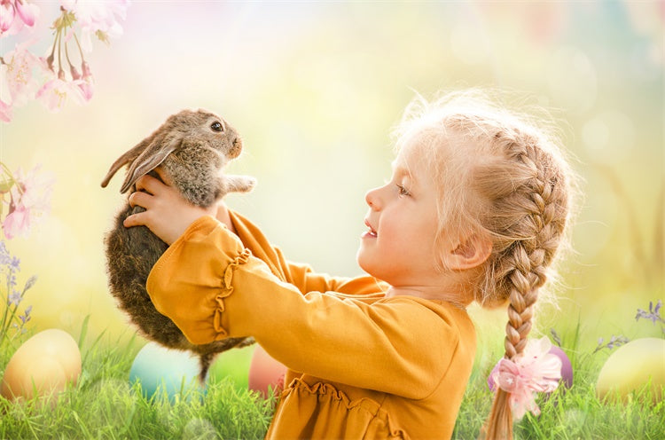 Sfondo Di Prato Con Fiori Di Ciliegio E Uovo Di Pasqua M1-36