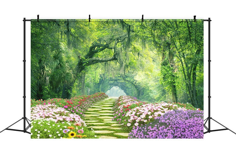 Fiori Primaverili Che Circondano Il Sentiero Foresta Mistica Sullo Sfondo M1-38