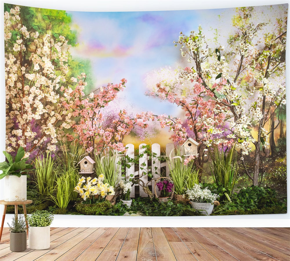 Sfondo Di Recinzione Bianca Con Fiori Di Ciliegio E Nuvole Di Colore Arcobaleno Primaverile M1-40