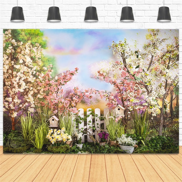 Sfondo Di Recinzione Bianca Con Fiori Di Ciliegio E Nuvole Di Colore Arcobaleno Primaverile M1-40