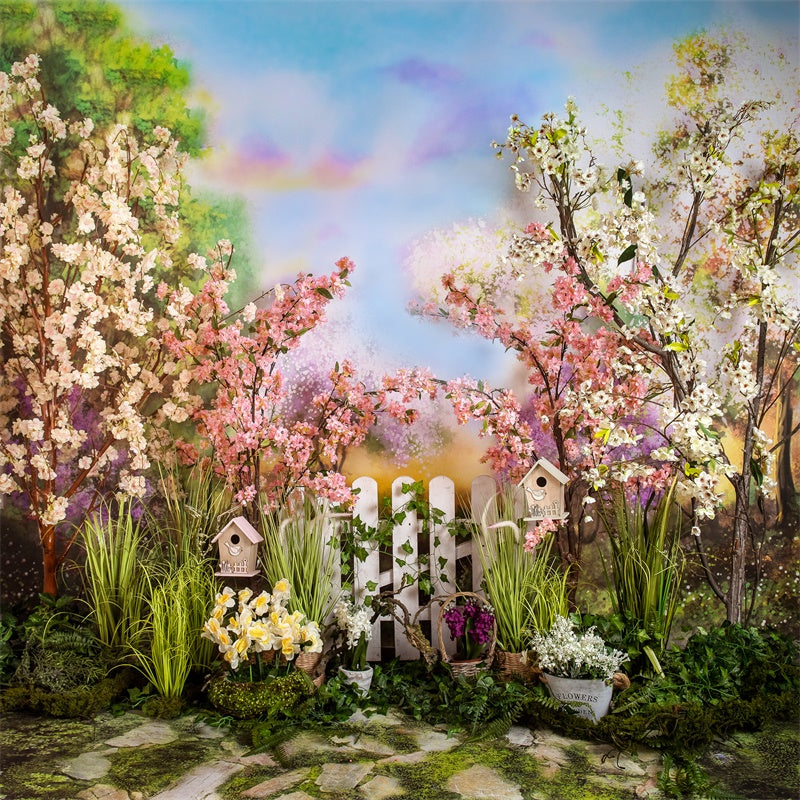 Sfondo Di Recinzione Bianca Con Fiori Di Ciliegio E Nuvole Di Colore Arcobaleno Primaverile M1-40