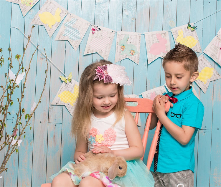 Sfondo Di Bandiere Di Coniglietto Di Nota Da Parete Sul Lungomare Blu Di Pasqua M1-46