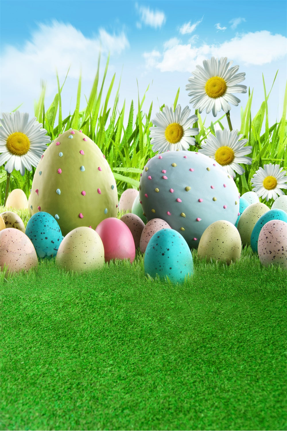 Margherite Dell'Uovo Di Pasqua Cielo Blu Nuvole Bianche Sullo Sfondo M1-52