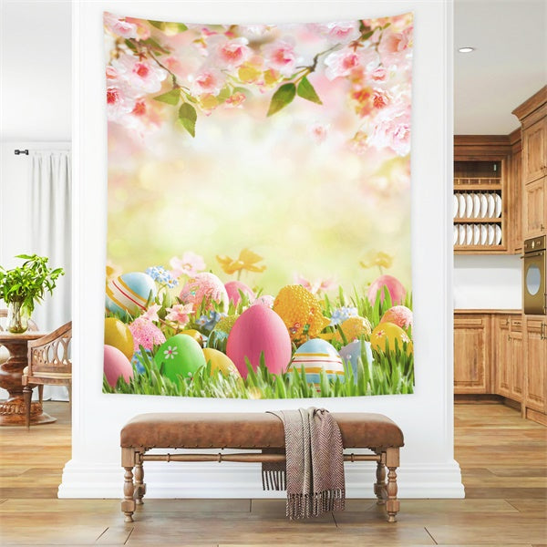 Sfondo Di Uova Di Fiori Di Ciliegio Con Prato Primaverile Caldo Di Pasqua M1-54