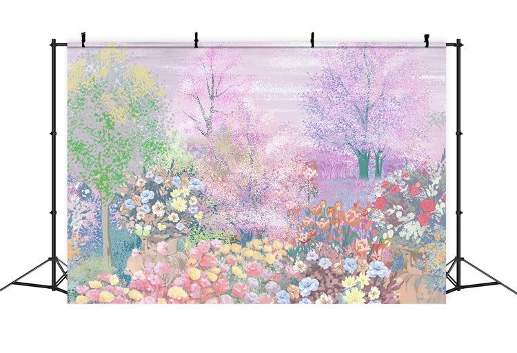 Pittura A Olio Primaverile Romantico Sakura Albero Rosa Tulipano Sfondo M1-72
