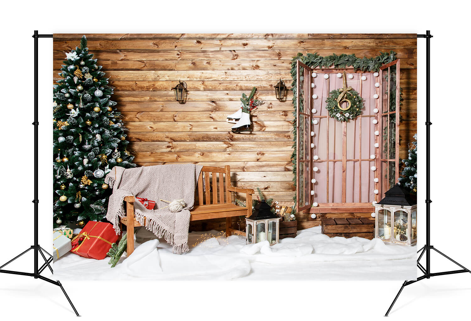 Sfondo Dell'Albero Di Natale Con Ghirlanda E Porta Della Casa M10-09