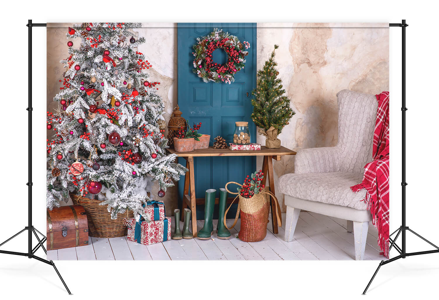 Sfondo Di Sedia Bianca Con Ghirlanda Di Albero Di Natale M10-27