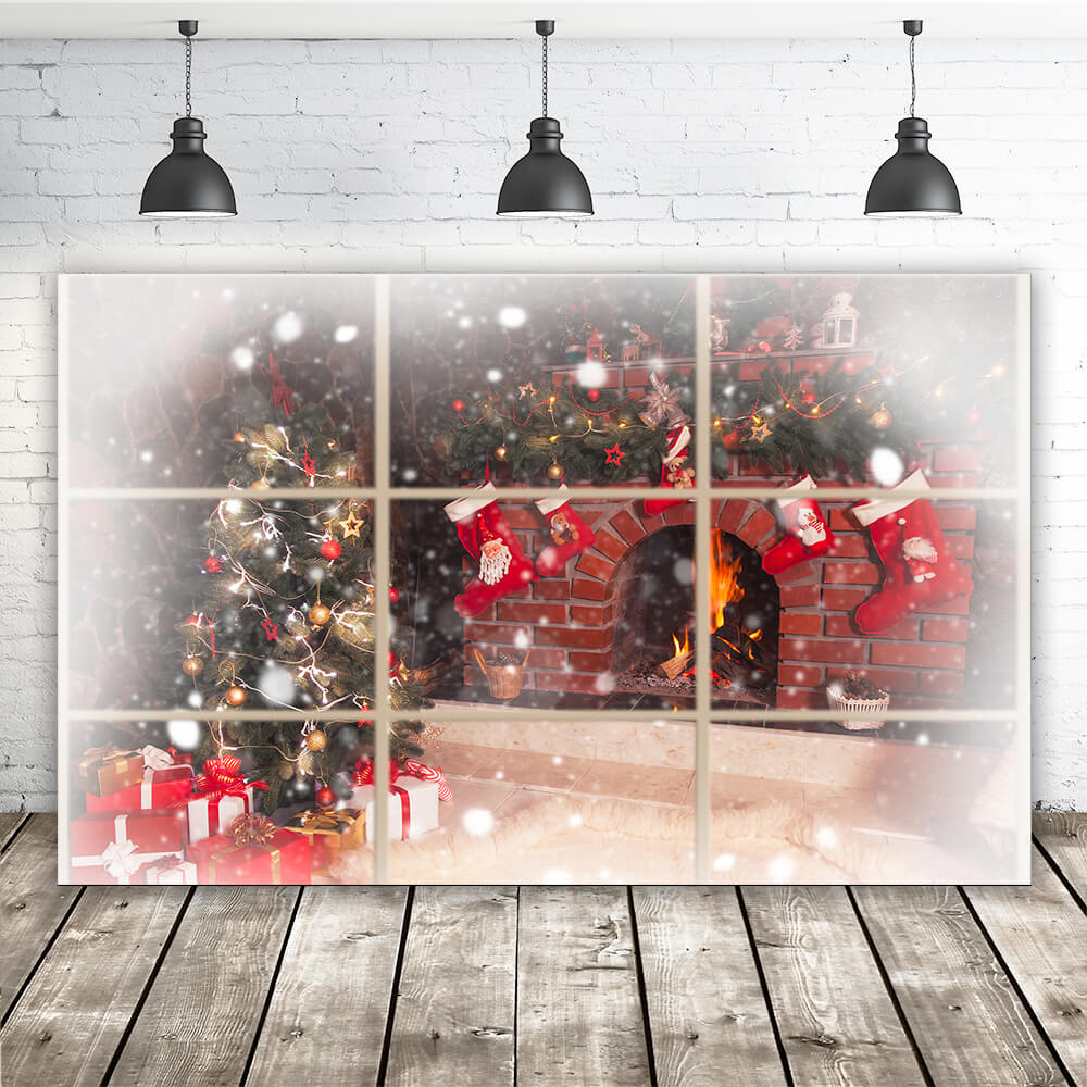 Sfondo Fotografico Per Finestra Con Caminetto Di Natale M10-43