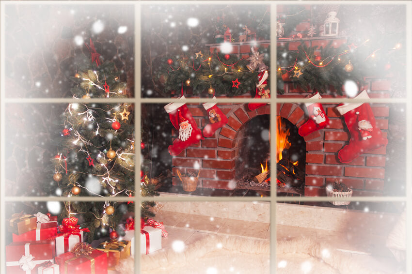 Sfondo Fotografico Per Finestra Con Caminetto Di Natale M10-43